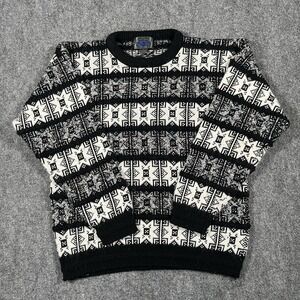 Vintage Sweater Size Large Black White‎ Fair Isle Acrylic Knit Pullover Festive